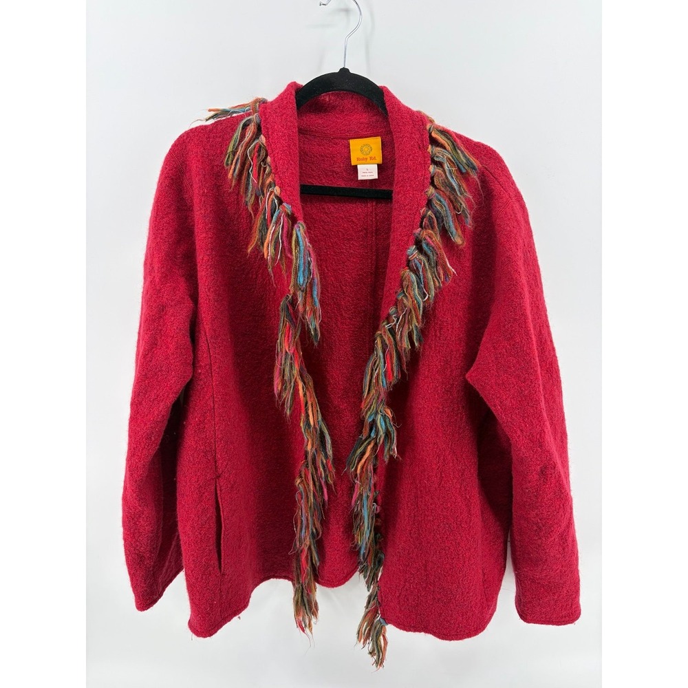 Ruby Rd, Red 100% Wool Fringe Trim Hook Eye Jacket PM Bohemian Shag Trim, Large